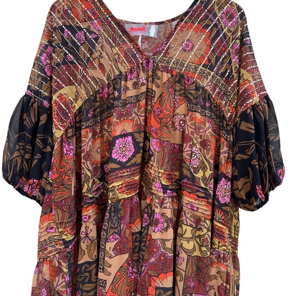 Free People Too Much To Dream Brown Pink Floral Tiered Beads Maxi NWT Size XS - Picture 6 of 14